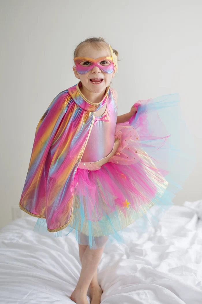 Tutu Super-Duper con Mantello e Maschera, Rosa/Oro, Taglia 4-6 anni Great Pretenders