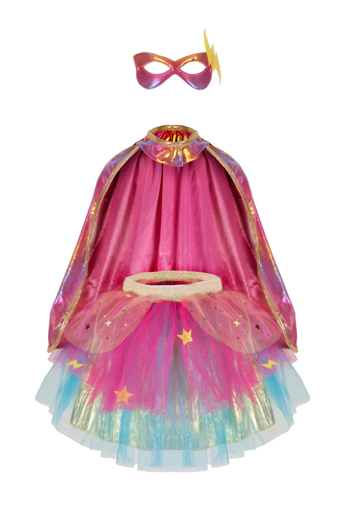 Tutu Super-Duper con Mantello e Maschera, Rosa/Oro, Taglia 4-6 anni Great Pretenders